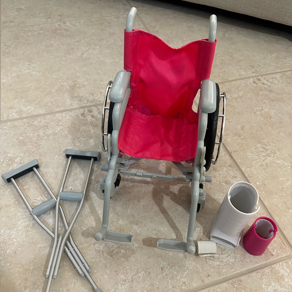 American Girl Authentic Pink Wheelchair with Crutches, Cast, Boot and Bandage